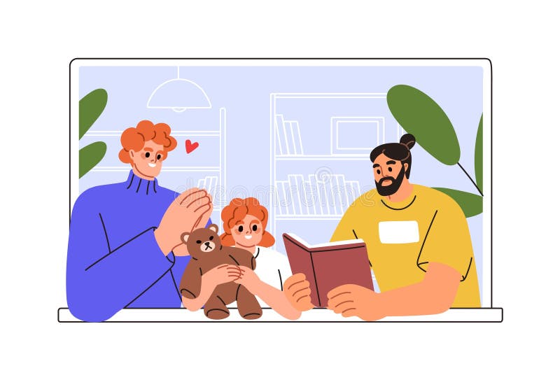 счастливая семья читает книгу вместе. родители и ребенок со сказкой. мать дочь дома окно квартиры иллюстрация штока