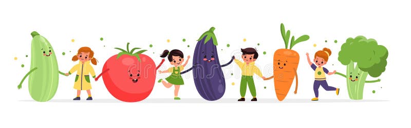 счастливые дети с овощами. улыбающиеся девочки и мальчики танцуют с большими овощами дети, играя с гуманных закусок иллюстрация штока