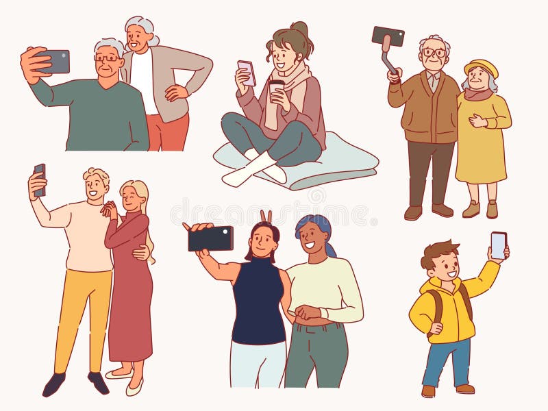 счастливые люди делают селфи. Мультфильм улыбающихся мужчин и женщин, сфотографированный на фронтальную камеру смартфонов пар иллюстрация штока