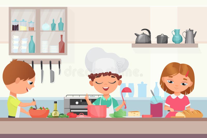 Счастливые маленькие милые дети детей варя очень вкусную еду в кухне Мальчик шеф-повара в крышке поваров держит варить ковша бесплатная иллюстрация Счастливые маленькие милые дети детей варя очень вкусную еду в кухне Мальчик шеф-повара в крышке поваров держит варить ковша бесплатная иллюстрация