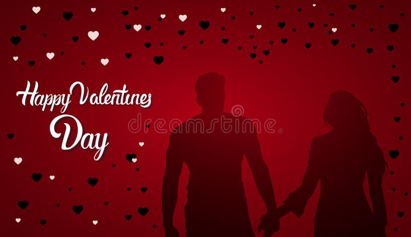 Счастливые пары силуэта литерности дня валентинок держа предпосылку рук красную с формами сердца иллюстрация штока