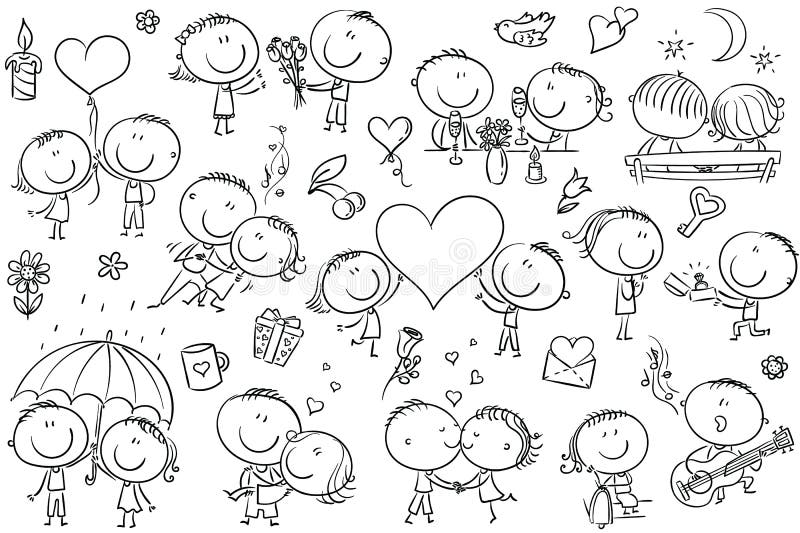 Funny doodle couples kissing, dancing, etc. Great for Valentine`s Day, love and romance illustrations, black and white outline. Funny doodle couples kissing, dancing, etc. Great for Valentine`s Day, love and romance illustrations, black and white outline