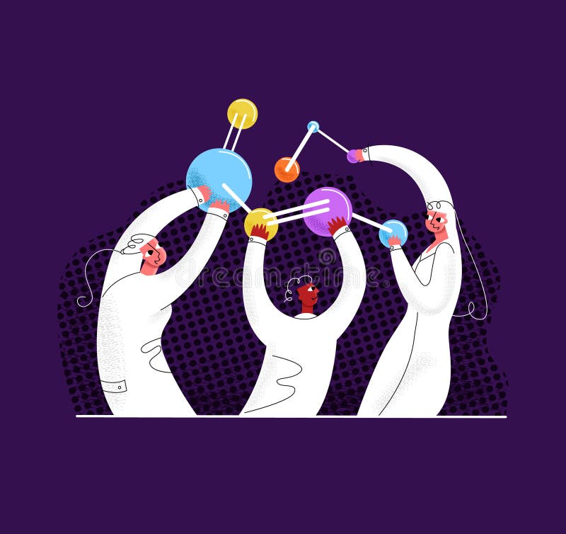 Счастливые ученые holding, собирая повышенную абстрактной молекулу. бесплатная иллюстрация