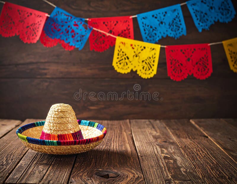 Счастливый Cinco де Mayo 5-го мая столовый фон с красно-желтым и синим цветами на фоне темной древесины переработанной древесины с иллюстрация вектора