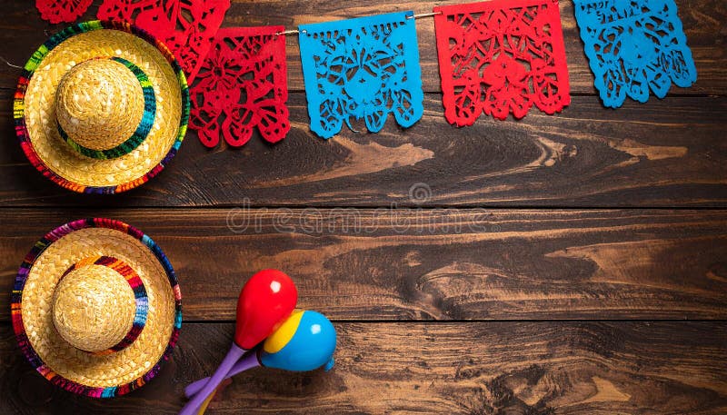 Счастливый Cinco де Mayo 5-го мая столовый фон с красно-желтым и синим цветами на фоне темной древесины переработанной древесины с бесплатная иллюстрация
