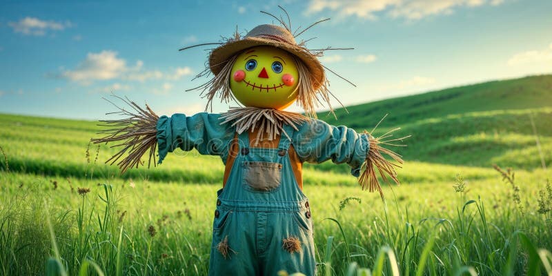 Счастливый Scarecrow Стоит В Пышном Зеленом Поле стоковое фото