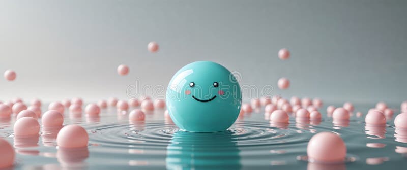 счастливый аквапарк, окруженный розовыми сферами в воде стоковое изображение rf