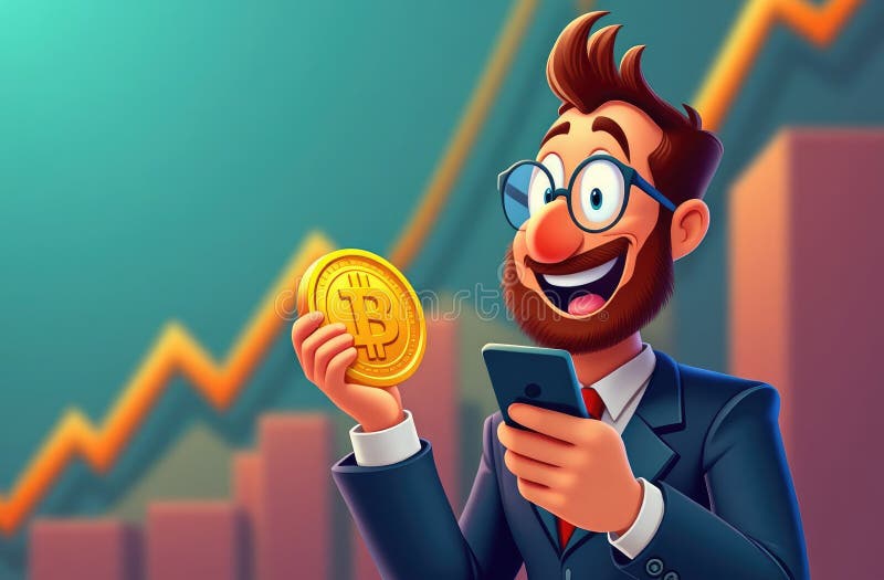 счастливый бизнесмен проверяет рост биткоина на графике своего телефона в фоновом режиме смешная иллюстрация иллюстрация штока