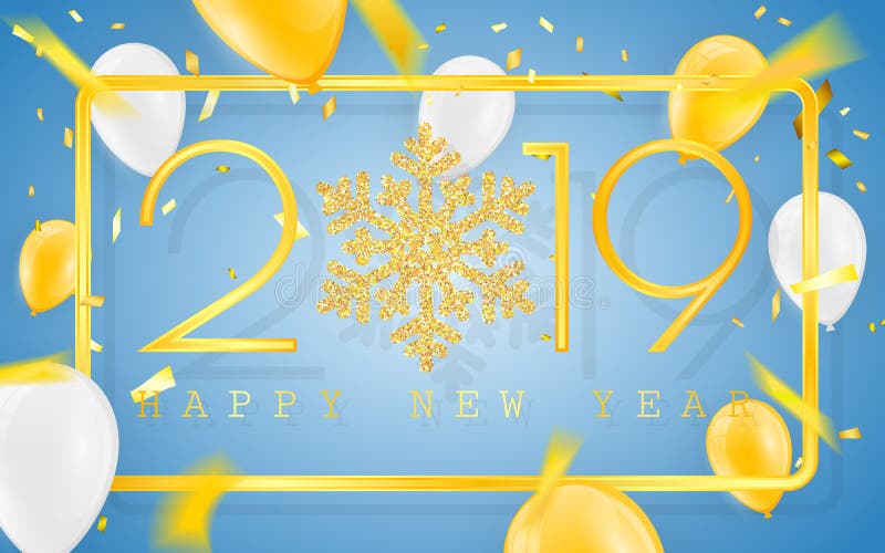 Счастливый Новый Год 2019 Золотые номера с воздушными шарами confetti и яркого блеска на голубой предпосылке также вектор иллюстр иллюстрация вектора Счастливый Новый Год 2019 Золотые номера с воздушными шарами confetti и яркого блеска на голубой предпосылке также вектор иллюстр иллюстрация вектора