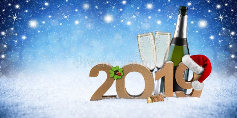 Счастливый Новый Год 2019 номеров с чемпионом клевера лист шляпы 4 santa стоковая фотография rf Счастливый Новый Год 2019 номеров с чемпионом клевера лист шляпы 4 santa стоковая фотография rf