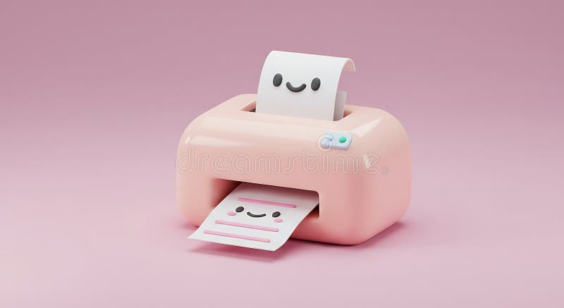 Счастливый принтер : 3D-рендер для печати в пастельно-розовом формате. Симпатичный розовый принтер весело печатает счастливые лица! Его пастельный дизайн и веселый выход создают радостное дружеское настроение. Идеально подходит для офисных видео