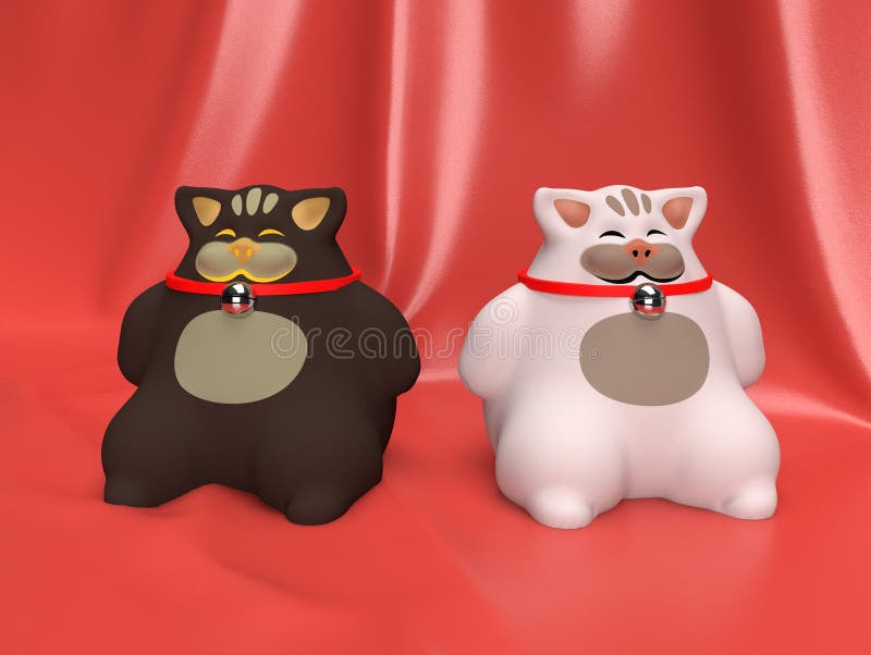 2 Счастливых кота игрушки. Один белую черный сидеть на красном фоне иллюстрация штока