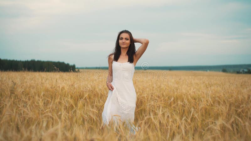 Счастье, природа, летние отпуска, каникулы и концепция людей - молодая женщина в белом платье идя вдоль поля хлопьев акции видеоматериалы Счастье, природа, летние отпуска, каникулы и концепция людей - молодая женщина в белом платье идя вдоль поля хлопьев акции видеоматериалы
