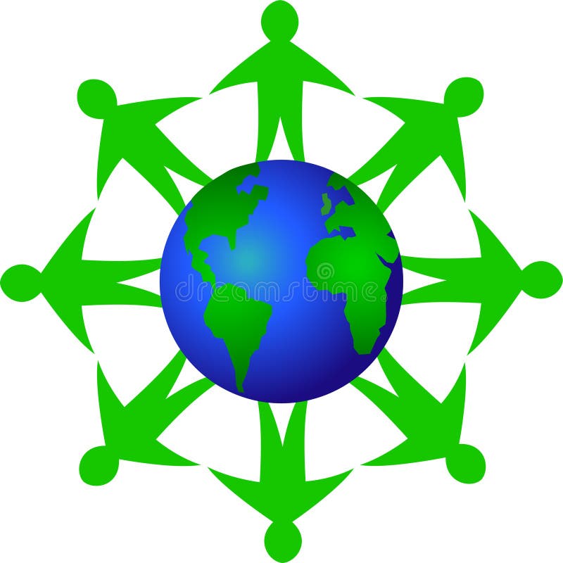 Illustration of people hand in hand surrounding the world in a symbol of environmental or ecological unity. Illustration of people hand in hand surrounding the world in a symbol of environmental or ecological unity.