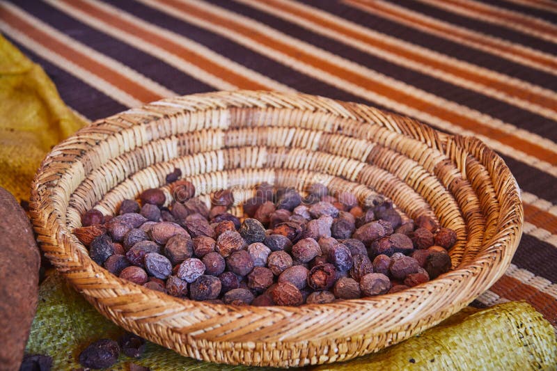 Сырцовые гайки argan в деревянной корзине стоковое фото Сырцовые гайки argan в деревянной корзине стоковое фото