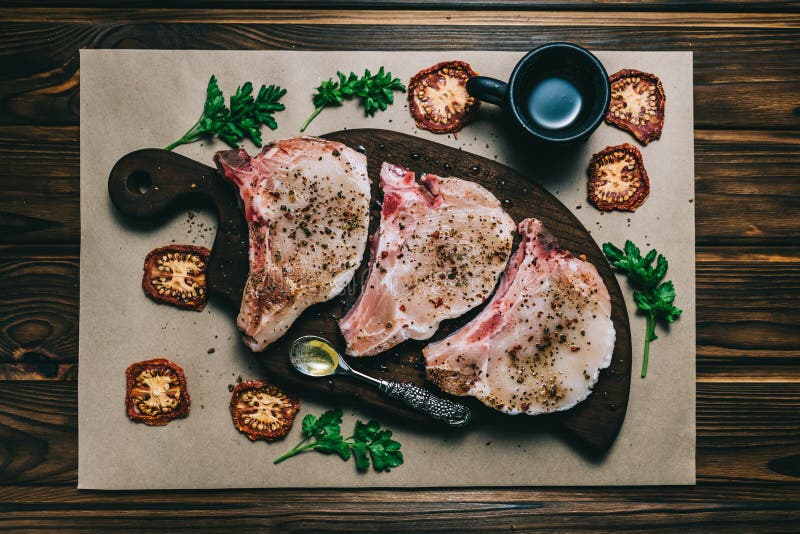 Сырцовые стейк и приправы свинины свежего мяса на темной деревянной доске томата меда доски предпосылки стоковое изображение rf Сырцовые стейк и приправы свинины свежего мяса на темной деревянной доске томата меда доски предпосылки стоковое изображение rf