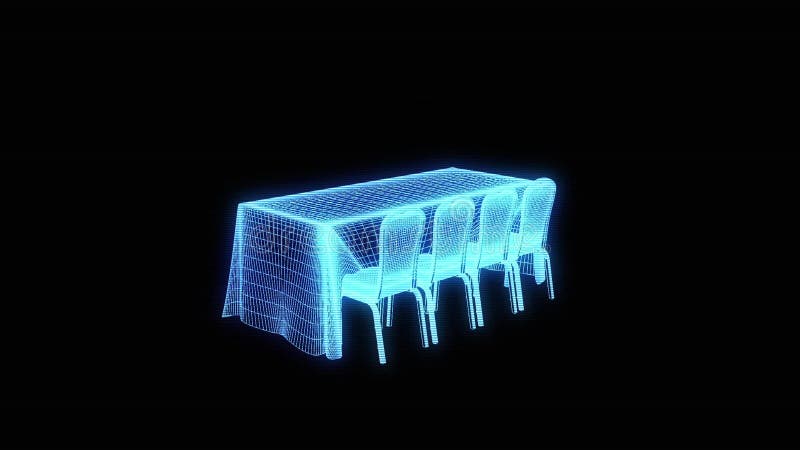 Таблица партии конференции с обломоками в стиле Wireframe Hologram Славный перевод 3D иллюстрация штока Таблица партии конференции с обломоками в стиле Wireframe Hologram Славный перевод 3D иллюстрация штока