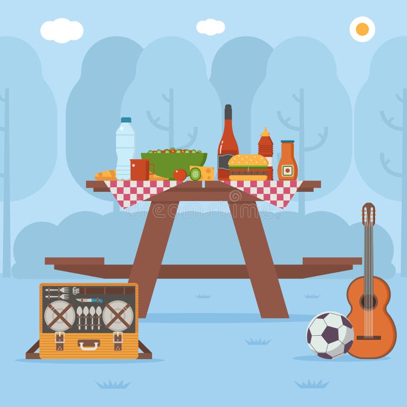 Summer wooden picnic table on forest background. Family barbecue concept with picnic party stuff. Guitar, straw basket, wine and food for outing on public park. Summer wooden picnic table on forest background. Family barbecue concept with picnic party stuff. Guitar, straw basket, wine and food for outing on public park.