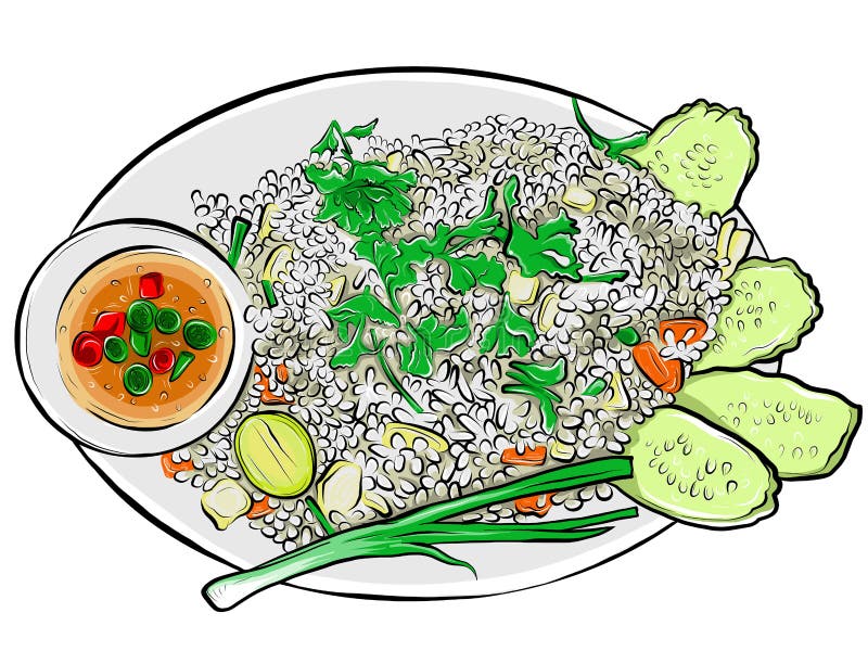 Тайская кухня жареных рисов руки вычерченная красочная иллюстрация вектора