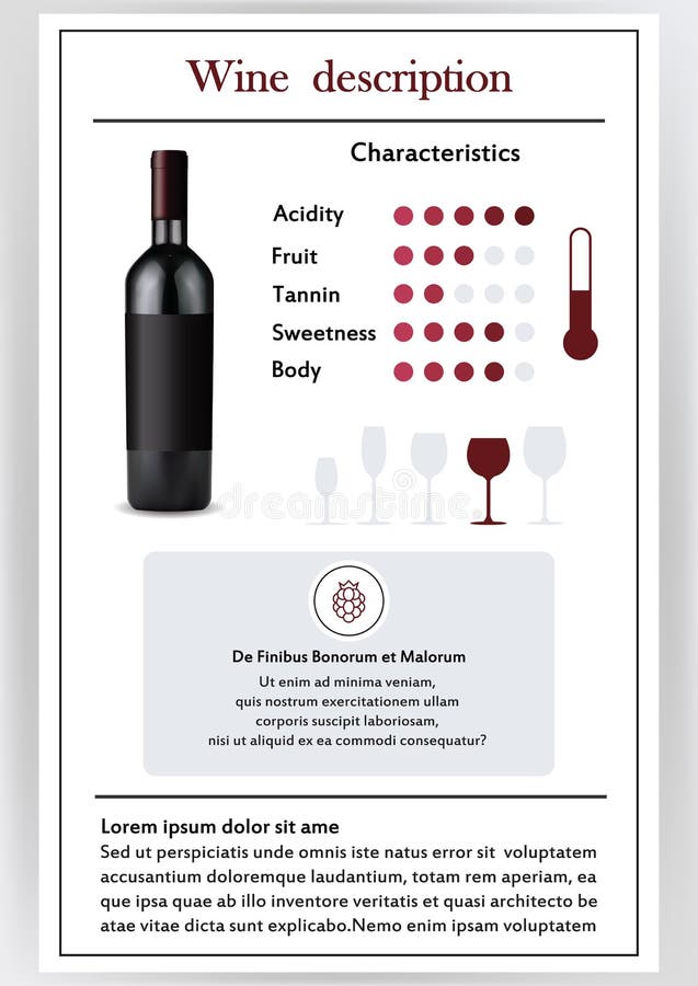 Brochure,form describing the characteristics of red wine.Feed temperature,brief description,history of origin, tableware glass for serving,taste criteria.Tannins,acidity,fortress. Vector illustration. Brochure,form describing the characteristics of red wine.Feed temperature,brief description,history of origin, tableware glass for serving,taste criteria.Tannins,acidity,fortress. Vector illustration