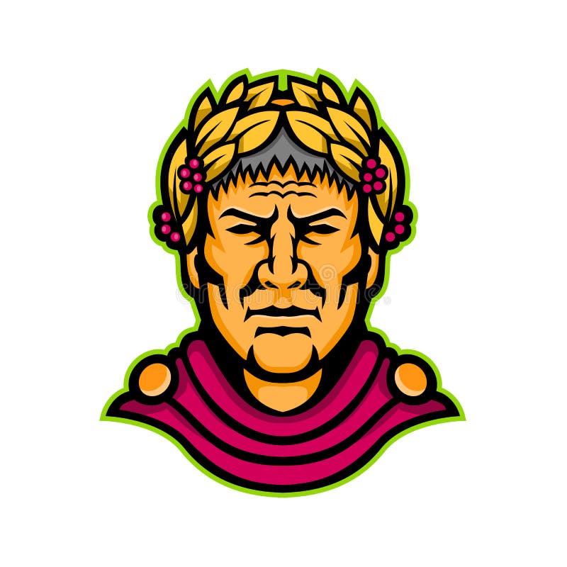 Mascot icon illustration of head of Gaius Julius Caesar, a Roman politician, military general and emperor of the Roman empire viewed from front on isolated background in retro style. Mascot icon illustration of head of Gaius Julius Caesar, a Roman politician, military general and emperor of the Roman empire viewed from front on isolated background in retro style.