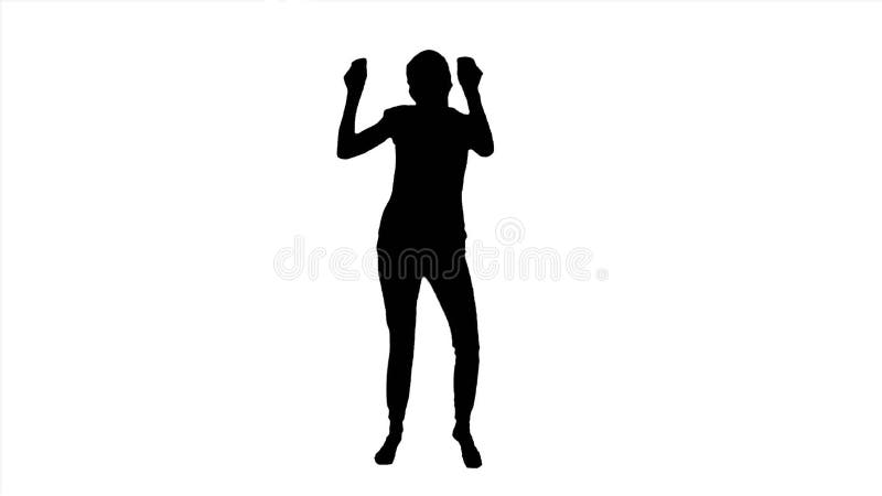 Танцующие женщины в ладоши, размахивая руками их называет. Черный силуэт на белом фоне роста общей девушки