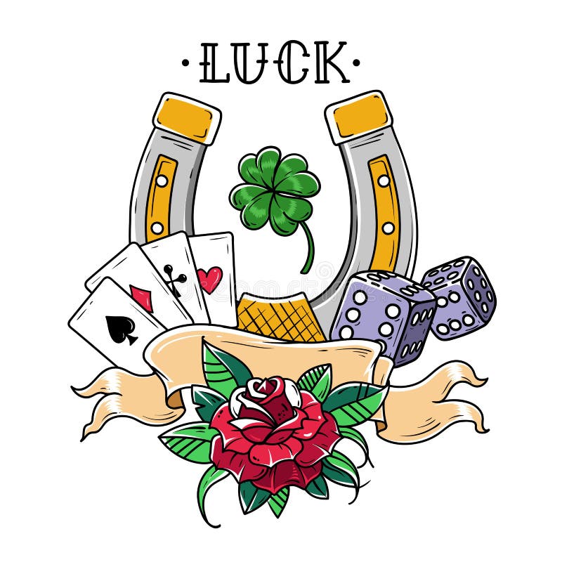 Татуируйте подкову с клевером играя карточек, кости, розовых и shamrock Татуировка удачи Символ везения в играть в азартные игры иллюстрация вектора