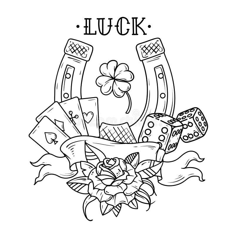 Татуируйте подкову с клевером играя карточек, кости, розовых и shamrock Татуировка удачи Светотеневая иллюстрация бесплатная иллюстрация