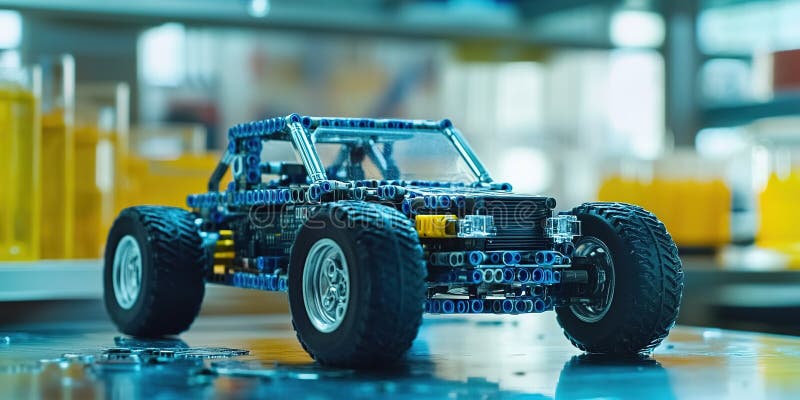 Творческая конструкция автомобиля с детальной моделью с использованием строительных блоков на столе в мастерской стоковая фотография rf