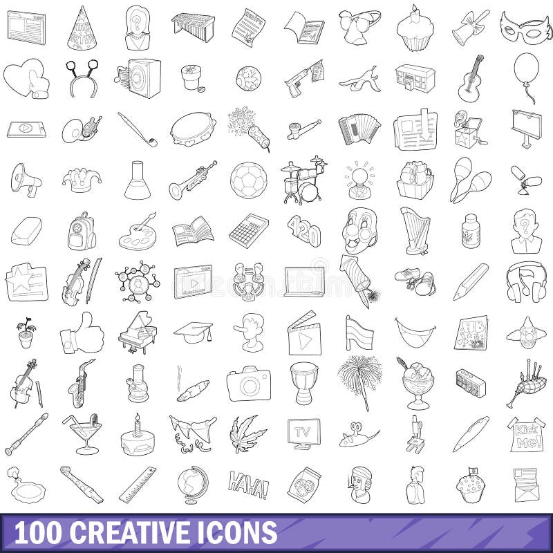 100 creative icons set in outline style for any design vector illustration. 100 creative icons set in outline style for any design vector illustration