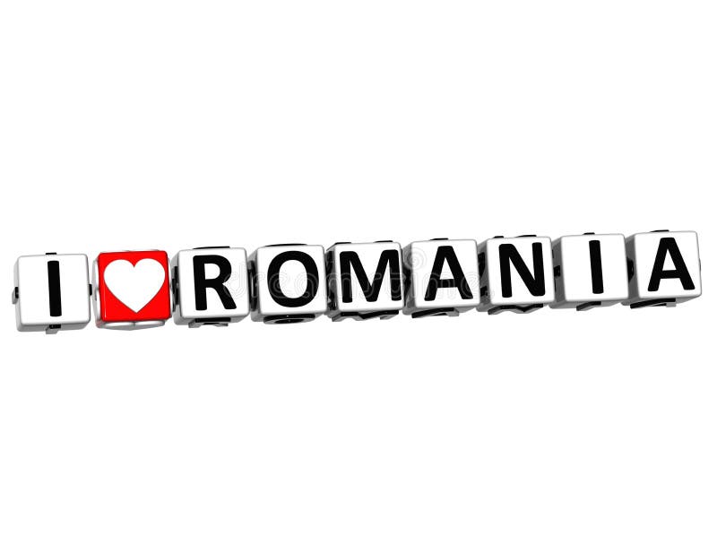 3D I Love Romania Button Click Here Block Text over white background. 3D I Love Romania Button Click Here Block Text over white background