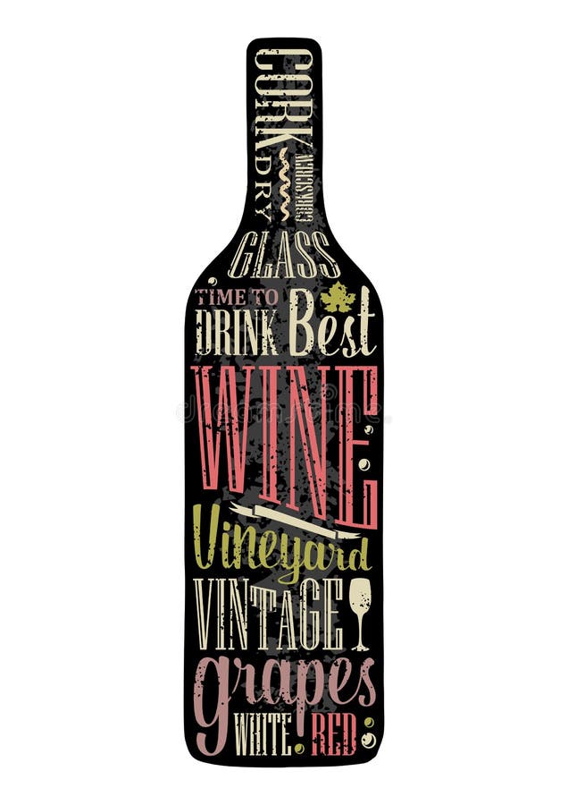 Typography poster lettering text in silhouette Wine bottle. Vintage vector engraving illustration. Advertising design for pub on white background. Typography poster lettering text in silhouette Wine bottle. Vintage vector engraving illustration. Advertising design for pub on white background