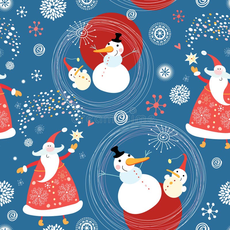 Seamless pattern of snowmen and gay grandfathers morovzov on a blue background with snowflakes. Seamless pattern of snowmen and gay grandfathers morovzov on a blue background with snowflakes