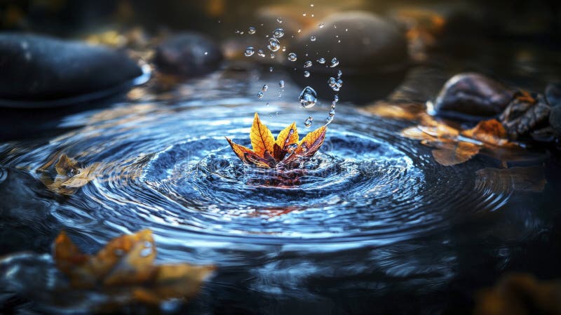 текущая энергия трансформации капли воды взаимодействие с осенними листьями в природе безмятежность иллюстрация штока