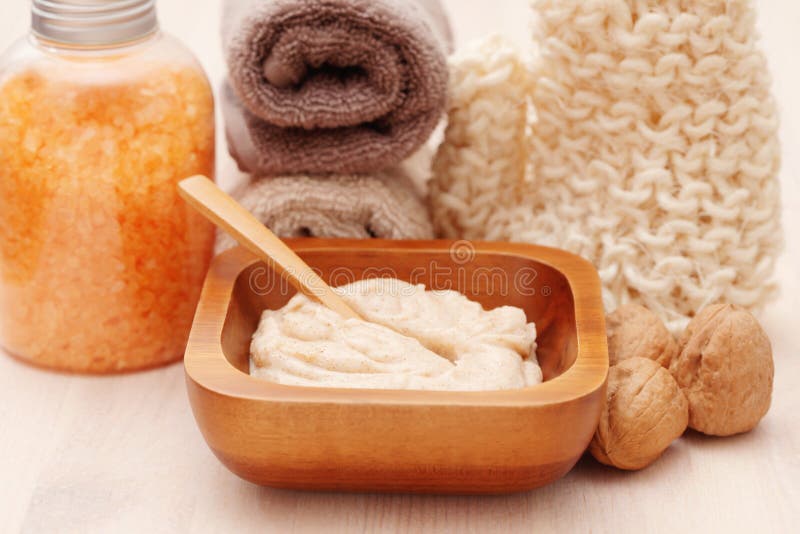 Walnut body scrub with some walnuts - beauty treatment. Walnut body scrub with some walnuts - beauty treatment