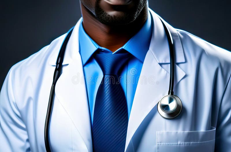 Dark-skinned depersonalized professor in white coat, shirt and tie with stethoscope around neck, closeup. AI generated. Dark-skinned depersonalized professor in white coat, shirt and tie with stethoscope around neck, closeup. AI generated