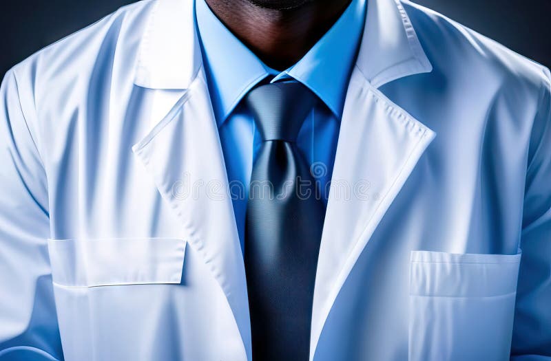 Dark-skinned docent without face in white coat, blue shirt and tie. closeup. AI generated. Dark-skinned docent without face in white coat, blue shirt and tie. closeup. AI generated