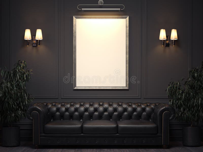 Dark classic interior with sofa and blank picture frame on wall. 3d rendering. Dark classic interior with sofa and blank picture frame on wall. 3d rendering