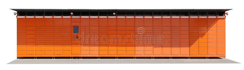 Self service long orange color terminal from which customers can pick up and ship mails and packages. Isolated. Self service long orange color terminal from which customers can pick up and ship mails and packages. Isolated