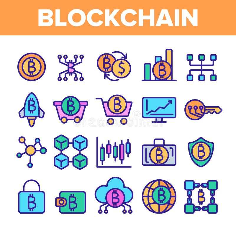 Технология Blockchain, набор значков вектора Cryptocurrency линейный иллюстрация штока Технология Blockchain, набор значков вектора Cryptocurrency линейный иллюстрация штока