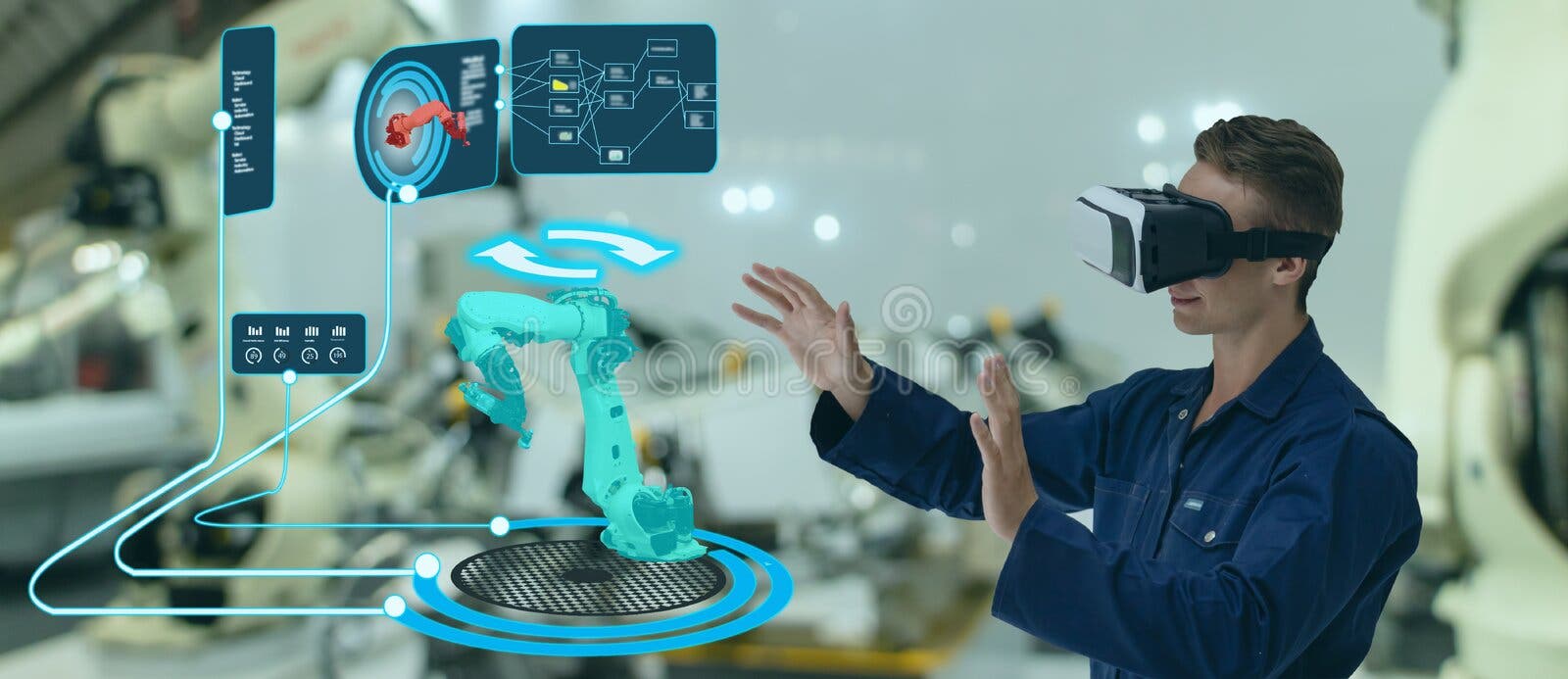 Технология Iot умная футуристическая в индустрии 4 0 концепций, польза инженера увеличила смешанную виртуальную реальность к восп Технология Iot умная футуристическая в индустрии 4 0 концепций, польза инженера увеличила смешанную виртуальную реальность к восп