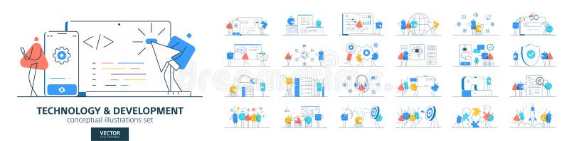 Технология разработки программного обеспечения. Рисунок с плоским вектором. Веб-дизайнеры иллюстрация штока