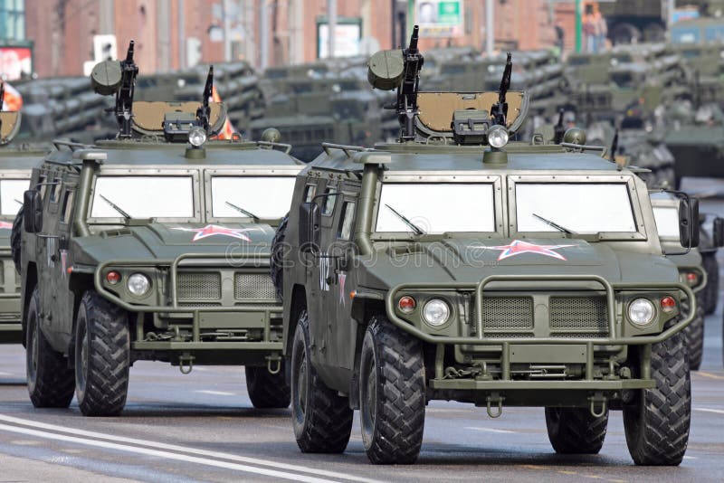 MOSCOW - MAY 07: Dress rehearsal of the 66th Anniversary of Victory Day (WWII) parade rehearse in Red Square on May 7, 2011 in Moscow, Russia. The event is held on May 9, 2011. The GAZ-2975 Tiger vehicle. MOSCOW - MAY 07: Dress rehearsal of the 66th Anniversary of Victory Day (WWII) parade rehearse in Red Square on May 7, 2011 in Moscow, Russia. The event is held on May 9, 2011. The GAZ-2975 Tiger vehicle