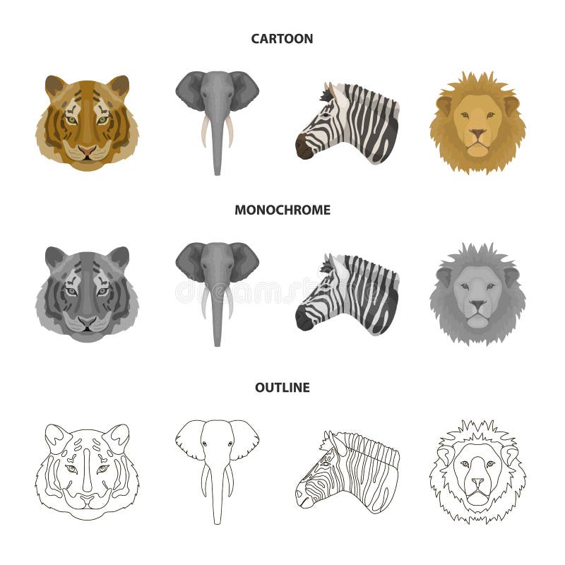 Тигр, лев, слон, зебра, реалистические животные установил значки собрания в шарже, плане, monochrome символе вектора стиля