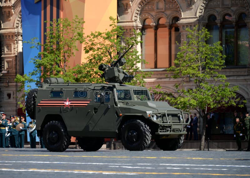 MOSCOW, RUSSIA - MAY 9, 2018: Armored car ` Tiger-M `with the combat module` Crossbow ` during the parade dedicated to the Victory Day in Moscow. MOSCOW, RUSSIA - MAY 9, 2018: Armored car ` Tiger-M `with the combat module` Crossbow ` during the parade dedicated to the Victory Day in Moscow.