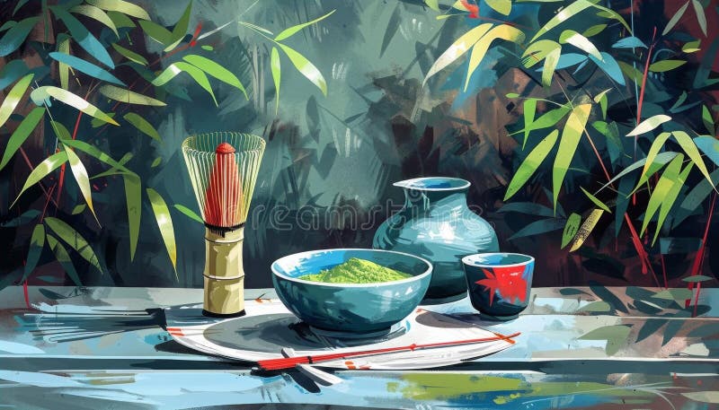 тихий зеленый чай zen с аксессуарами matcha иллюстрация вектора
