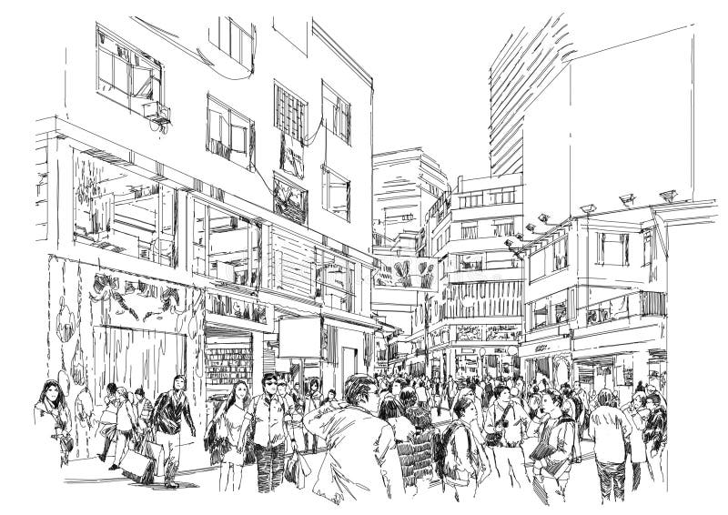 Sketch of crowd of people in shopping street. Sketch of crowd of people in shopping street