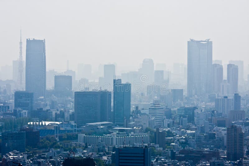 A view of the Tokyo skyline showing haze. A view of the Tokyo skyline showing haze