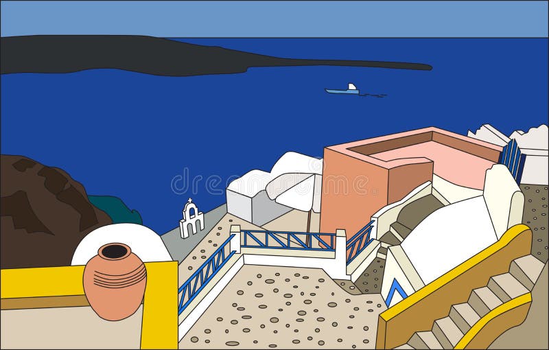 Традиционная архитектура Santorini, Oia, ve иллюстрация штока Традиционная архитектура Santorini, Oia, ve иллюстрация штока