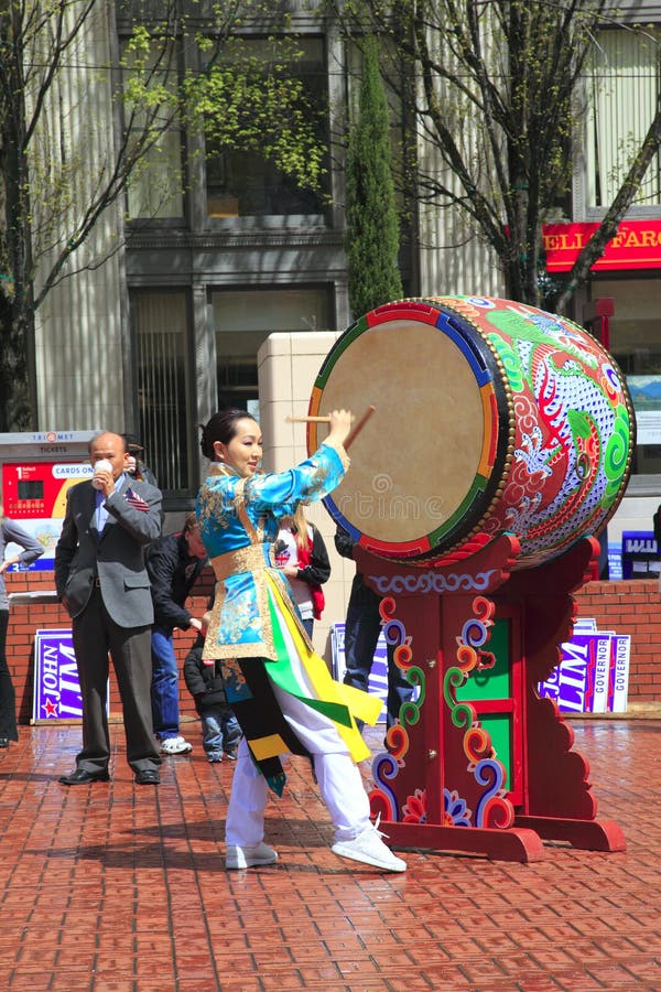 A traditional Korean drum performance in Pioneer square downtown Portland Oregon for the opening of a political rally. A traditional Korean drum performance in Pioneer square downtown Portland Oregon for the opening of a political rally.